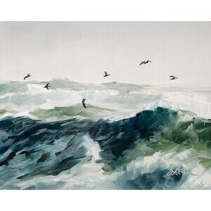 Original Oil Painting Seascape Deep Ocean Waves Birds in Flight 8x10" Signed